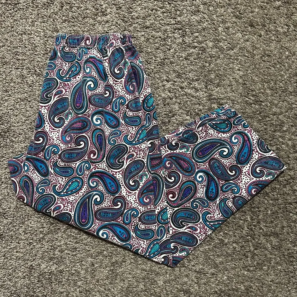Vintage 80s Paisley Pants Elastic Waist Baggy Wide Leg Unisex Cotton 32-34